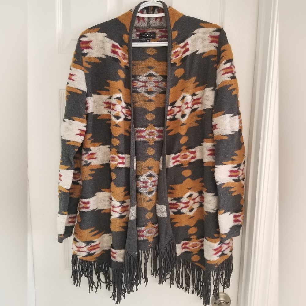 Lucky Brand Womens Open Front Cardigan Fringe Aztec M